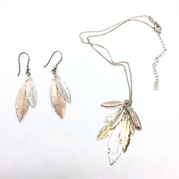 Dayadema Jewelry - DAYADEMA 925 FEATHERS NECKLACE EARRINGS STERLING SILVER ITALY TRICOLOR SET